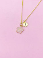 Gold Cherry Blossom Charm Necklace, Pink Japanese Peach Blossom Flower, N2192