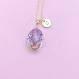 Gold Tree with Purple Real Pressed Flower and Butterfly Necklace, N2959