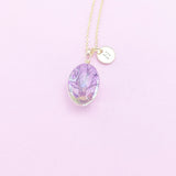 Gold Tree with Purple Real Pressed Flower and Butterfly Necklace, N2959