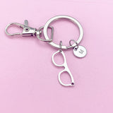 Silver Eyeglasses Keychain, Personalized Initial Charm, Optometry Gift