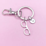 Silver Eyeglasses Keychain, Personalized Initial Charm, Optometry Gift