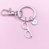 Silver Eyeglasses Keychain, Personalized Initial Charm, Optometry Gift