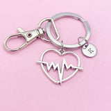 Heartbeat Charm Keychain, Initial Charm, EMT Paramedic Gift
