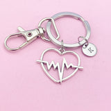 Heartbeat Charm Keychain, Initial Charm, EMT Paramedic Gift