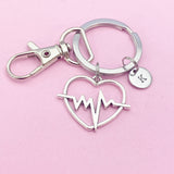 Heartbeat Charm Keychain, Initial Charm, EMT Paramedic Gift
