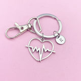 Heartbeat Charm Keychain, Initial Charm, EMT Paramedic Gift