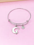 Cat Moon Charm Bangle Bracelet, Initial Charm, Celestial Jewelry