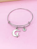 Cat Moon Charm Bangle Bracelet, Initial Charm, Celestial Jewelry