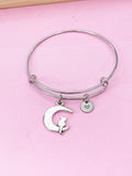 Cat Moon Charm Bangle Bracelet, Initial Charm, Celestial Jewelry