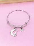 Cat Moon Charm Bangle Bracelet, Initial Charm, Celestial Jewelry