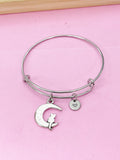 Cat Moon Charm Bangle Bracelet, Initial Charm, Celestial Jewelry