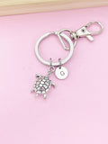 Turtle Keychain, Personalized Initial Charm, Silver Tone