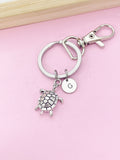 Turtle Keychain, Personalized Initial Charm, Silver Tone