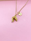 Gold Fortune Cookie Necklace, Personalized Initial Charm, Stainless Steel Chain