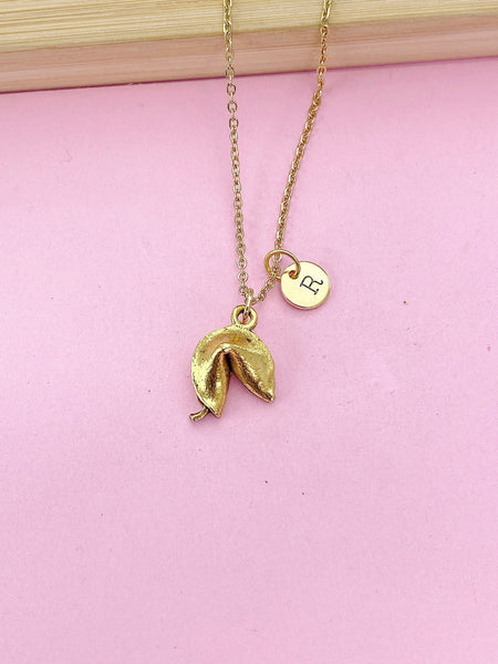 Gold Fortune Cookie Charm Necklace, Fortune Cookie Charm, Luck Fortune Gift, Personalized Customized Monogram, N468