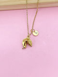 Gold Fortune Cookie Necklace, Personalized Initial Charm, Stainless Steel Chain