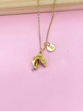 Gold Fortune Cookie Necklace, Personalized Initial Charm, Stainless Steel Chain