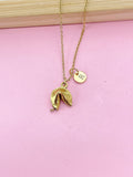 Gold Fortune Cookie Necklace, Personalized Initial Charm, Stainless Steel Chain