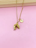 Gold Fortune Cookie Necklace, Personalized Initial Charm, Stainless Steel Chain