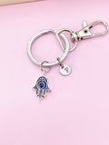 Hamsa Hand Evil Eye Keychain, Initial Charm, Stainless Steel Keyring