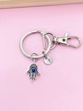 Hamsa Hand Evil Eye Keychain, Initial Charm, Stainless Steel Keyring