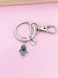 Hamsa Hand Evil Eye Keychain, Initial Charm, Stainless Steel Keyring