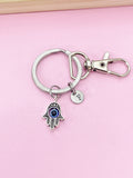 Hamsa Hand Evil Eye Keychain, Initial Charm, Stainless Steel Keyring