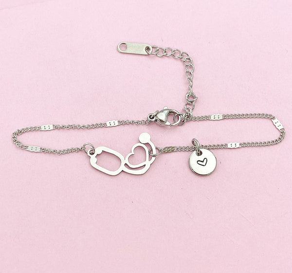 Silver Stainless Steel Stethoscope Heart Bracelet, Gold in Option, Medical Device Charm, Doctor Nurse Gift, Medical Student Gift, N5627