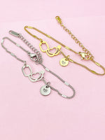 Stainless Steel Stethoscope Heart Bracelet in Gold or Silver, N5628