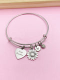 Great Grandma Bracelet, Sunflower Charm, Engraved Heart, Stainless Steel Bangle