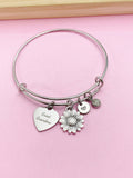 Great Grandma Bracelet, Sunflower Charm, Engraved Heart, Stainless Steel Bangle