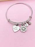 Great Grandma Bracelet, Sunflower Charm, Engraved Heart, Stainless Steel Bangle