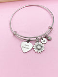 Great Grandma Bracelet, Sunflower Charm, Engraved Heart, Stainless Steel Bangle