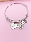 Great Grandma Bracelet, Sunflower Charm, Engraved Heart, Stainless Steel Bangle