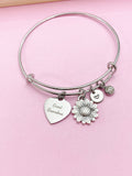 Great Grandma Bracelet, Sunflower Charm, Engraved Heart, Stainless Steel Bangle