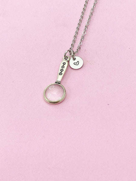 Detective Necklace, Silver Magnifying Glass Charm, Magnifying Glass Detector Jewelry Gift, Personalized Initial Gift, N4401
