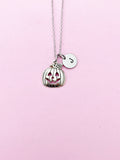 Silver Pumpkin Jack O Lantern Necklace, Initial Charm