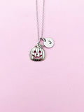 Silver Pumpkin Jack O Lantern Necklace, Initial Charm