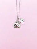 Silver Pumpkin Jack O Lantern Necklace, Initial Charm