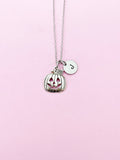 Silver Pumpkin Jack O Lantern Necklace, Initial Charm