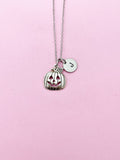 Silver Pumpkin Jack O Lantern Necklace, Initial Charm