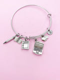 IT Teacher Charm Bracelet, Computer, Apple, Book, Pencil, Initial, Stainless Steel