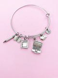 IT Teacher Charm Bracelet, Computer, Apple, Book, Pencil, Initial, Stainless Steel