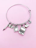 IT Teacher Charm Bracelet, Computer, Apple, Book, Pencil, Initial, Stainless Steel