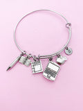 IT Teacher Charm Bracelet, Computer, Apple, Book, Pencil, Initial, Stainless Steel