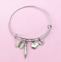 Teacher Bracelet, Apple Open Book Pencil Charm, Teacher Gift, N5635