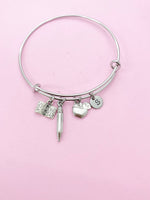 Teacher Bracelet, Apple Open Book Pencil Charm, Teacher Gift, N5635