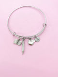 Teacher Bracelet, Apple Open Book Pencil Charm, Teacher Gift, N5635