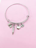 Teacher Bracelet, Apple Open Book Pencil Charm, Teacher Gift, N5635