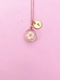Rose Gold Press Flower Necklace, Japanese Girlfriends Gift, Cherry Blossom, Birthday Present, Personized Initial Necklace N4490